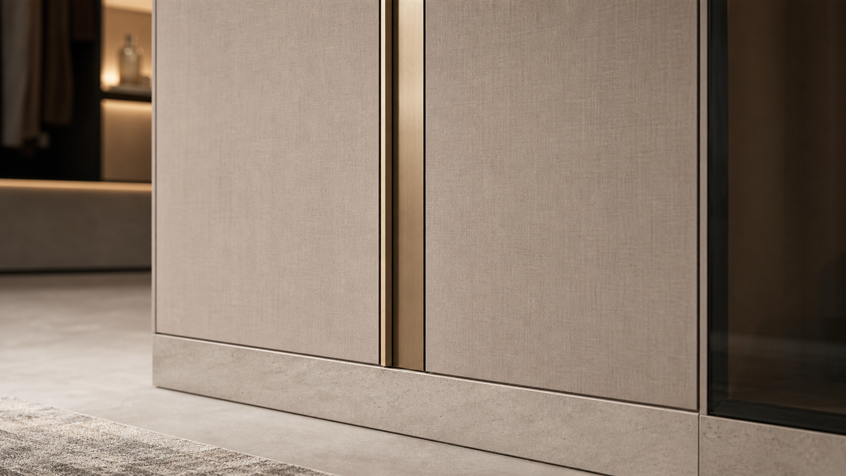 Fadior Resonance Wardrobe Suite with Linen Pivot Dressing Wall — close-up of stainless steel finish and hardware detail