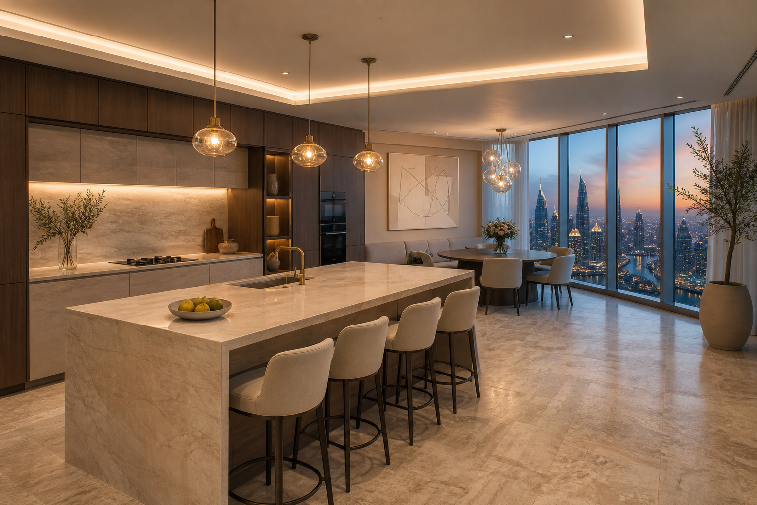 Fadior Dubai 210 sqm Kitchen Penthouse — Dubai Kitchen Penthouse — marble counter, cabinet, stone, wood, pendant