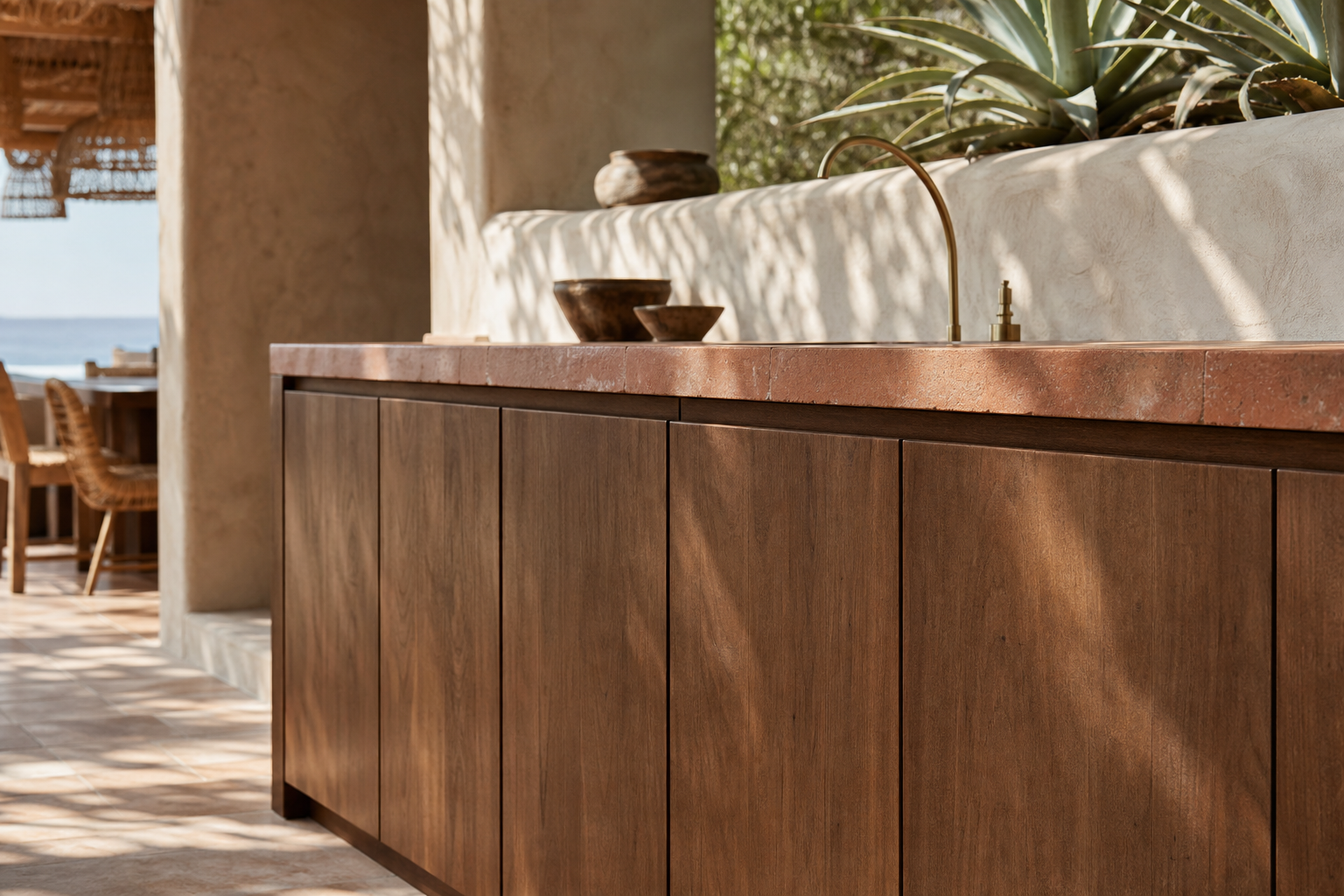 Fadior Vantage Outdoor Kitchen Suite with Mineral Safety Prep Terrace — close-up of stainless steel finish and hardware