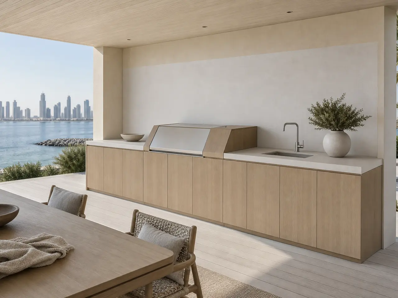 Fadior Horizon Outdoor Kitchen Suite with Sculptural Panel Grill Bay - 304 stainless steel outdoor kitchen cabinetry with grill, sink, prep counter, weather-ready storage, and open-air use