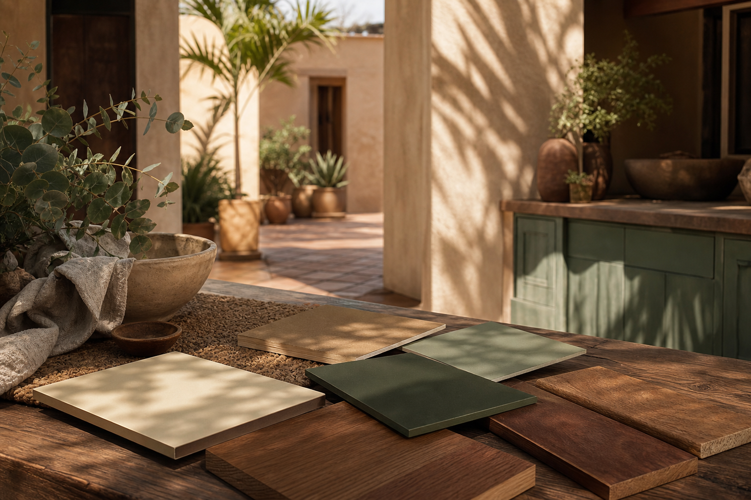 Unlabeled cabinet color swatches on a timber table with clay walls and courtyard light.