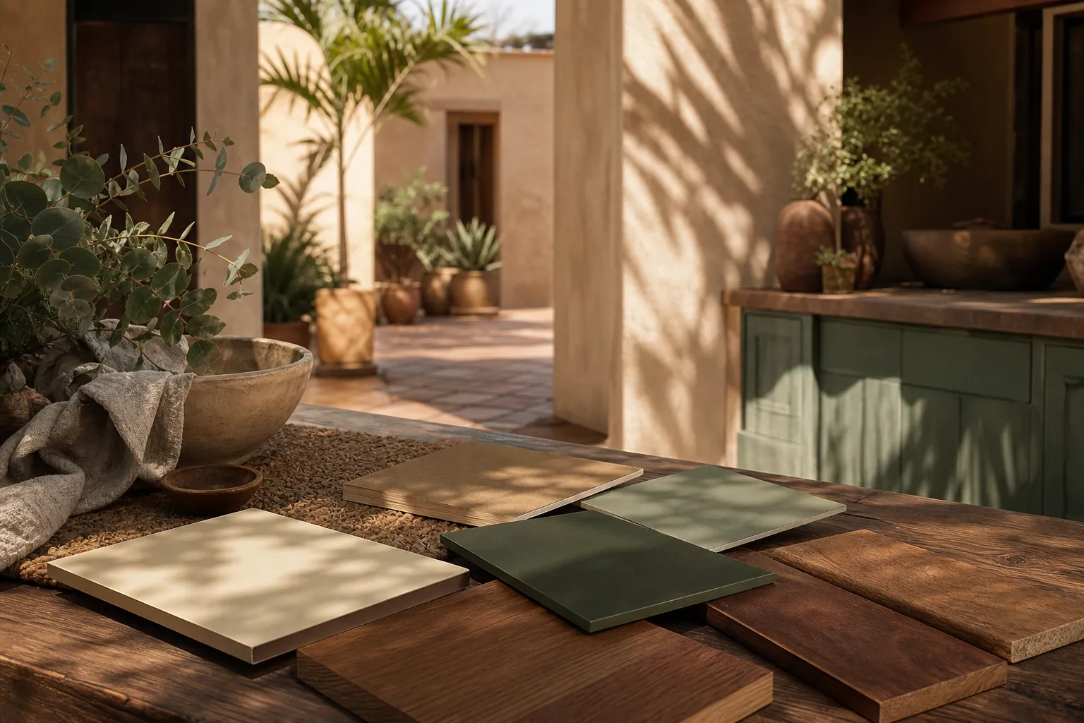 Unlabeled cabinet color swatches on a timber table with clay walls and courtyard light.