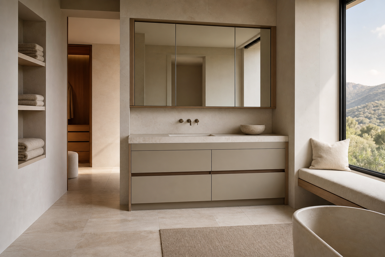 Fadior Voyage Bath Vanity Suite with Pearl Reed Wash Alcove — interior room context showing cabinet integration