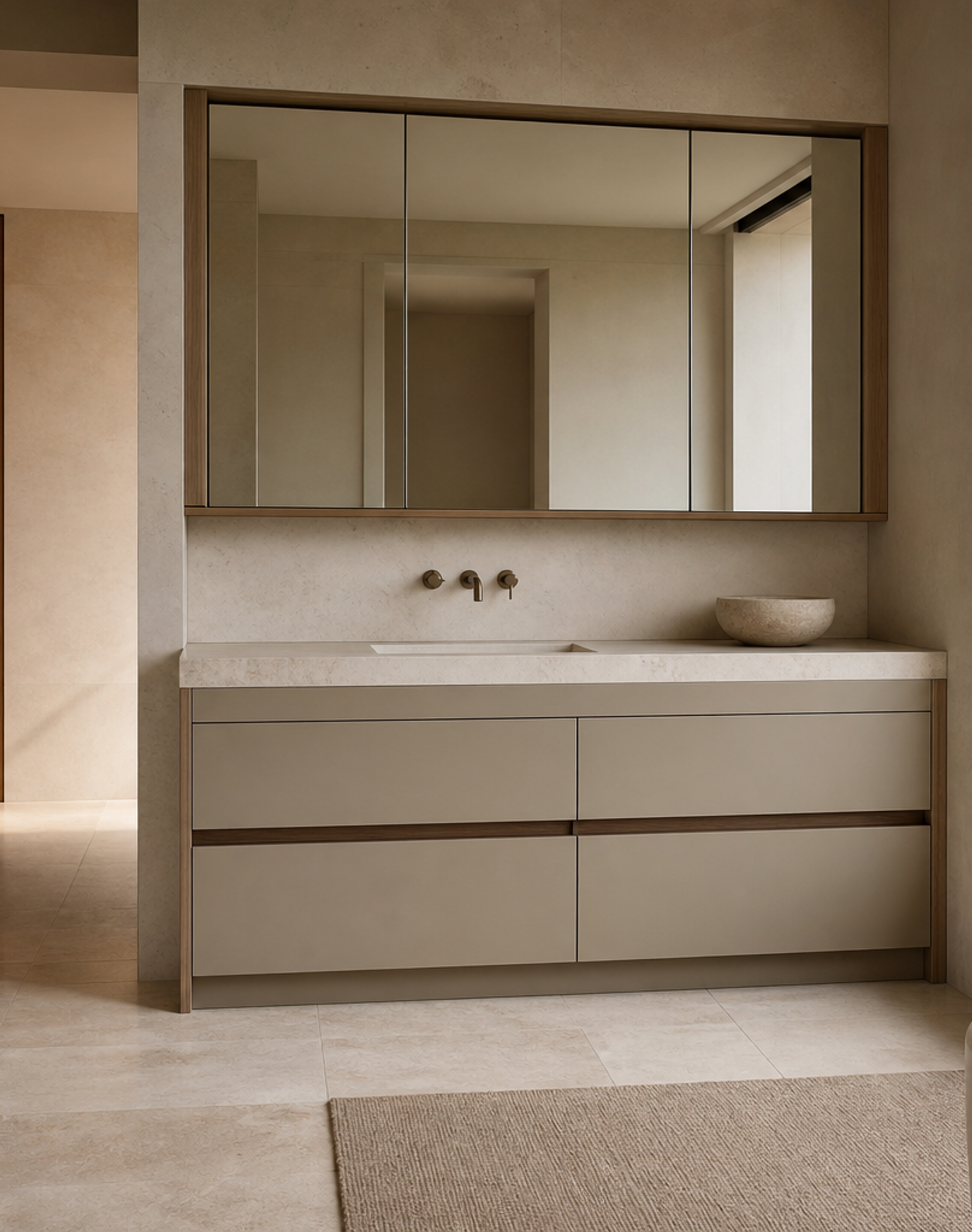 Fadior Voyage Bath Vanity Suite with Pearl Reed Wash Alcove — interior room context showing cabinet integration