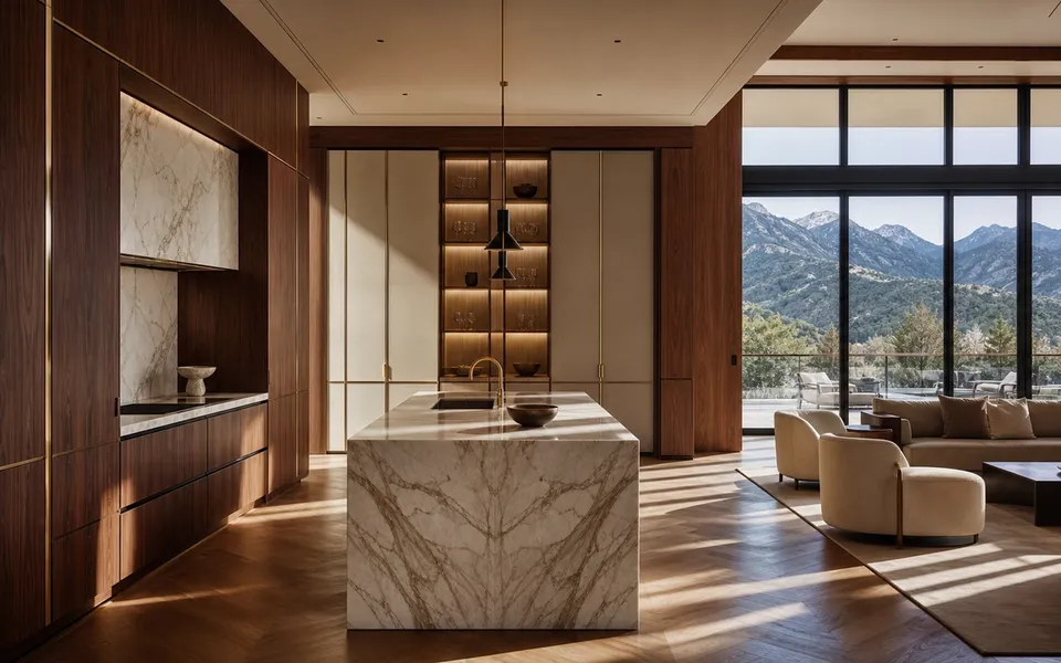 Fadior Denver 600 sqm Kitchen Villa — Denver kitchen villa marble island, walnut cabinet wall, mountain window, oak floor — 304 stainless steel cabinetry installation by Fadior