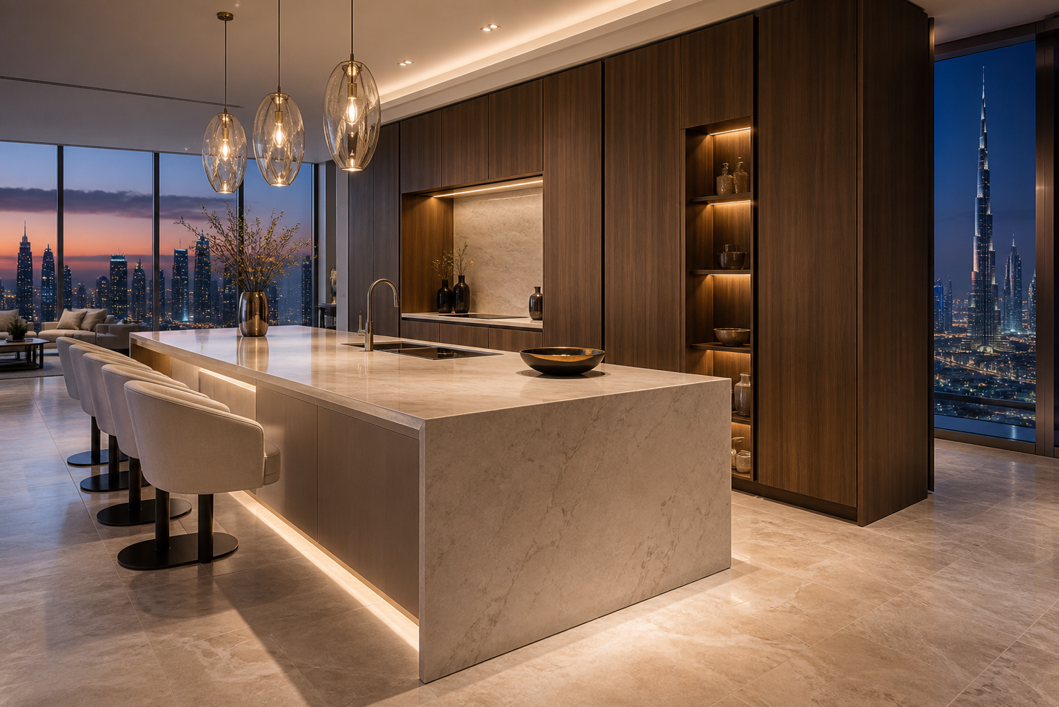 Fadior Dubai 210 sqm Kitchen Penthouse — Dubai Kitchen Penthouse — counter, island, marble, cabinet, pendant
