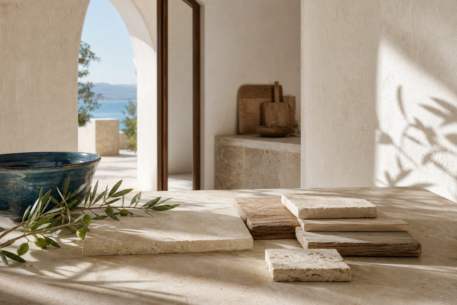 Kitchen material study with plaster, travertine, and olive wood for exposed logic decisions.