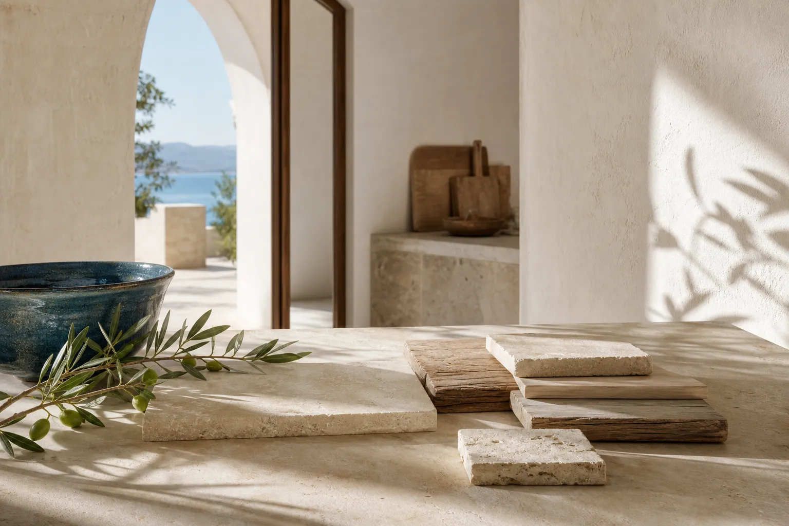 Kitchen material study with plaster, travertine, and olive wood for exposed logic decisions.