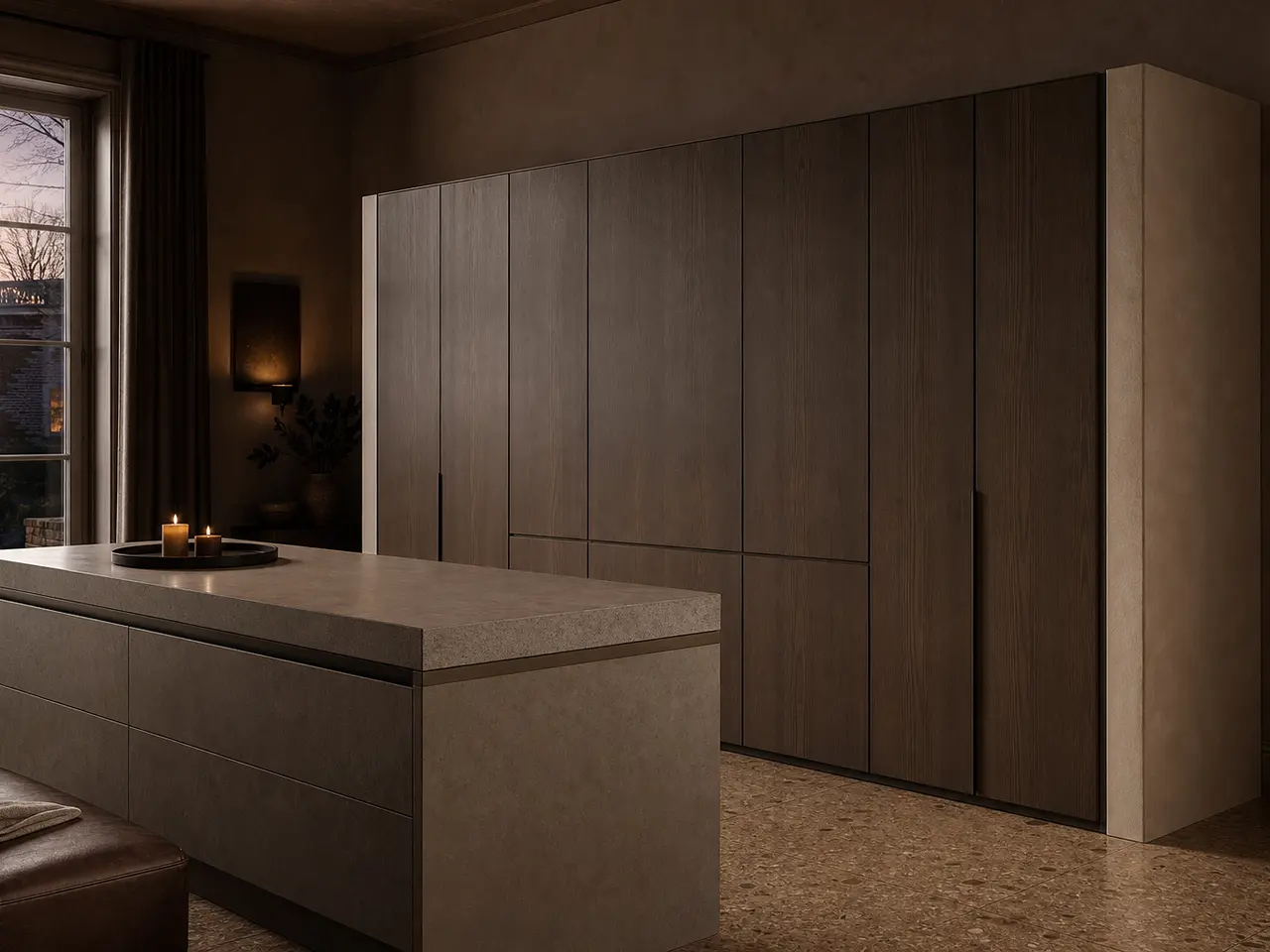 Fadior Eclipse Wardrobe Suite with Hybriq Mineral Dressing Island - custom 304 stainless steel wardrobe or walk-in closet with lighting, hanging, drawer storage, and residential finishes