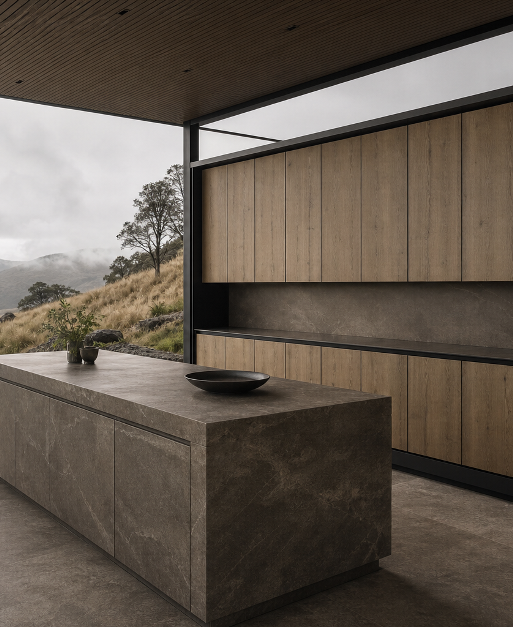 Fadior Meridian Kitchen Suite with Handleless Timber Service Run — 304 stainless steel kitchen system, front view