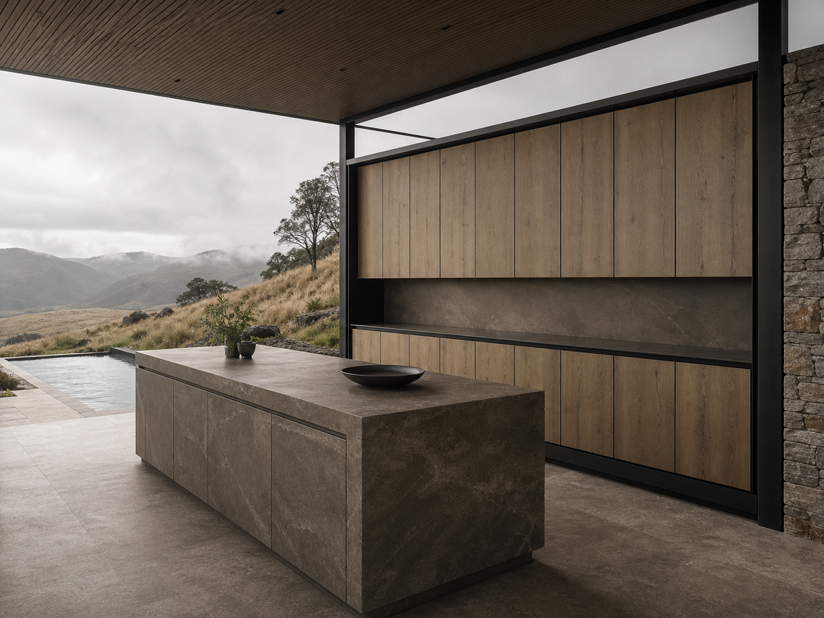 Fadior Meridian Kitchen Suite with Handleless Timber Service Run — 304 stainless steel kitchen system, front view