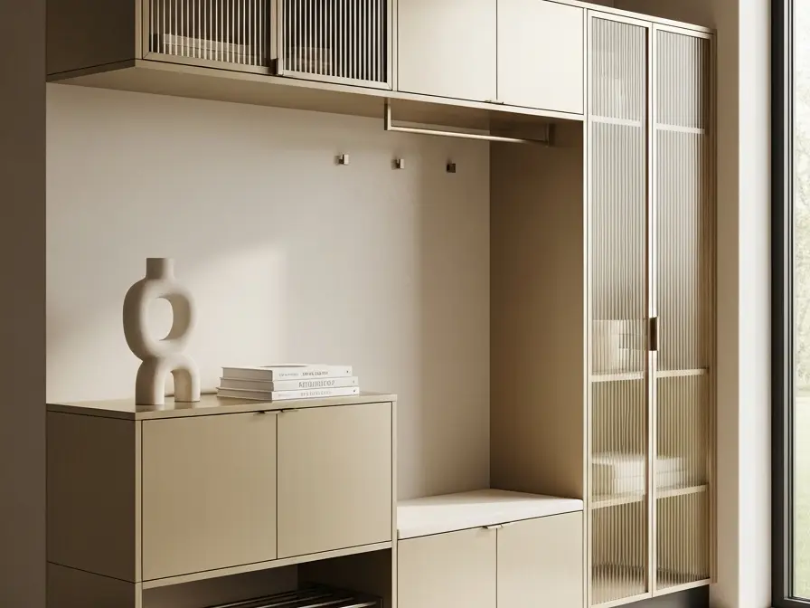 Fadior Archetype Entryway Suite - stainless steel entryway storage with shoe cabinet, bench seating, coat storage, console zone, and warm finishes