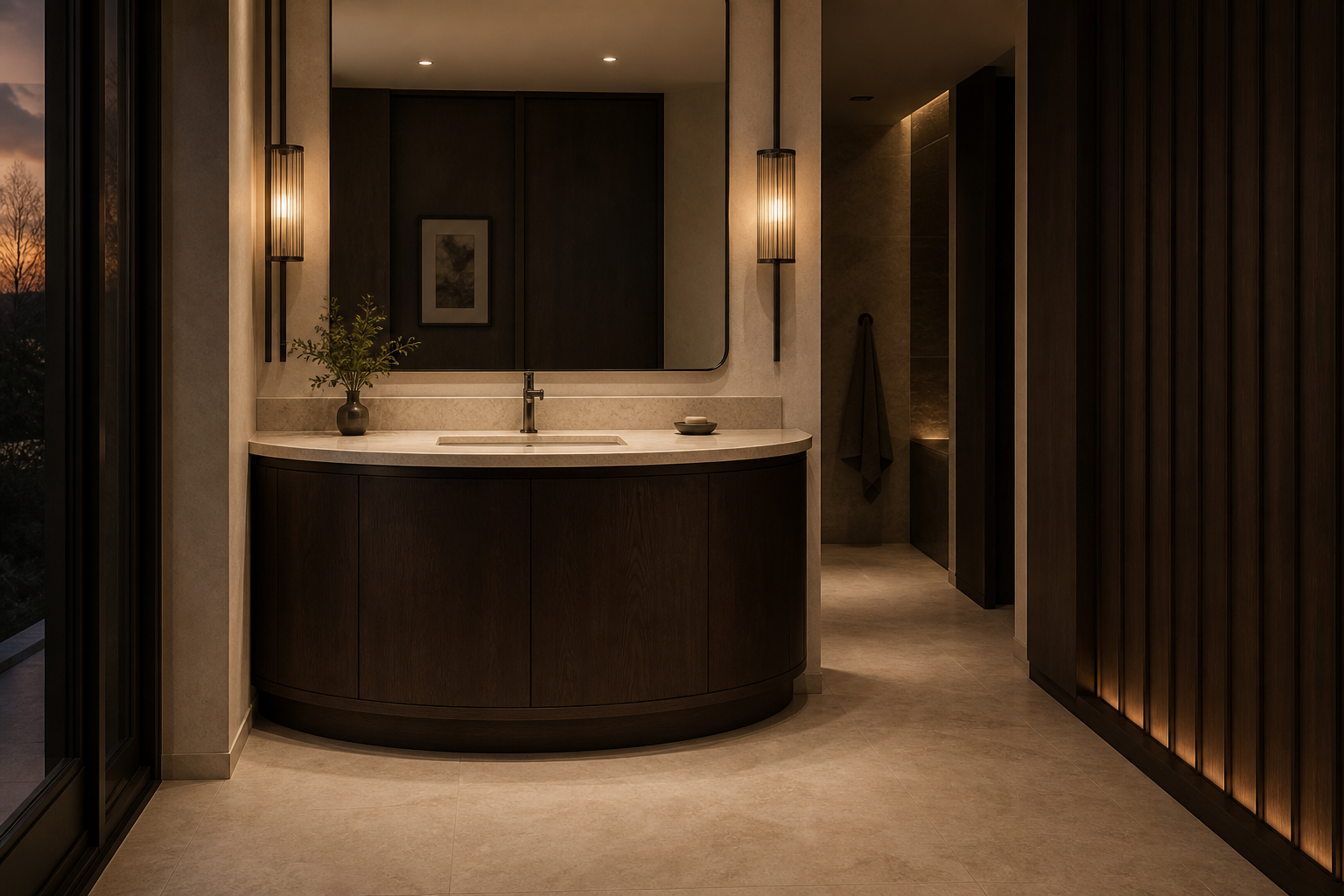 Conjunto de lavabo y tocador Verve con consola de pila en media luna perspectiva interior