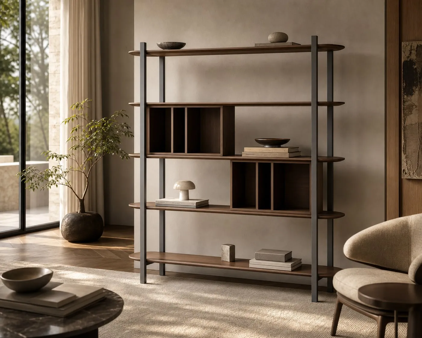 Saddle Leather Brushed Stainless Steel Bookshelf