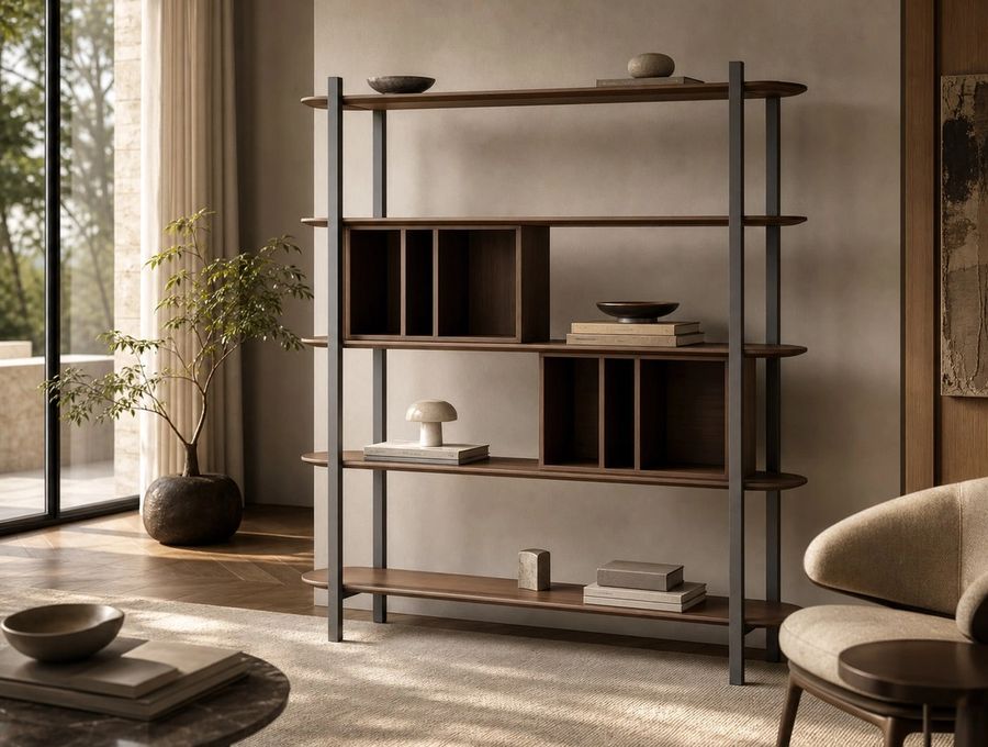 Leather-Accent Bookshelf styled in a FADIOR HOME interior setting