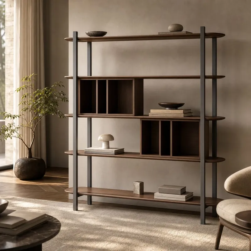 Saddle Leather Brushed Stainless Steel Bookshelf