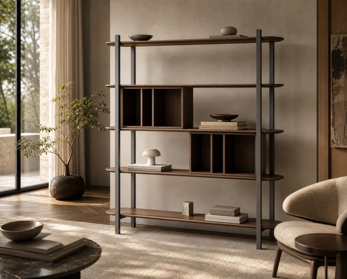 Leather-Accent Bookshelf styled in a FADIOR HOME interior setting