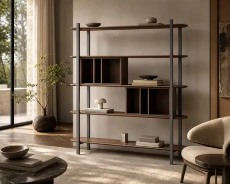 Saddle Leather Brushed Stainless Steel Bookshelf