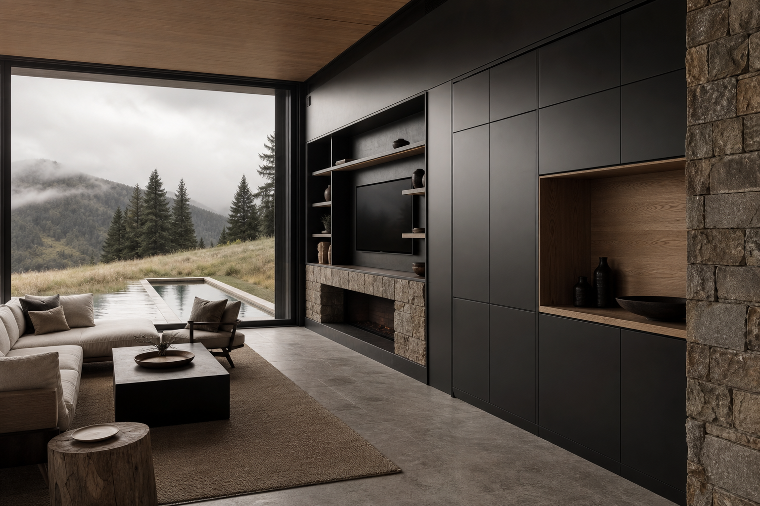 Fadior Veneto Living Room Suite with Touch-Clean Beverage Wall — interior room context showing cabinet integration