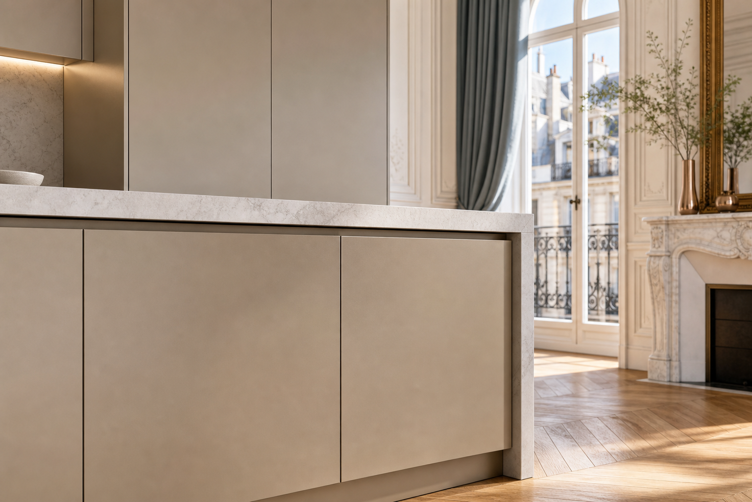 Fadior Continuum Kitchen Suite with Rooftop Champagne Peninsula — close-up of stainless steel finish and hardware detail