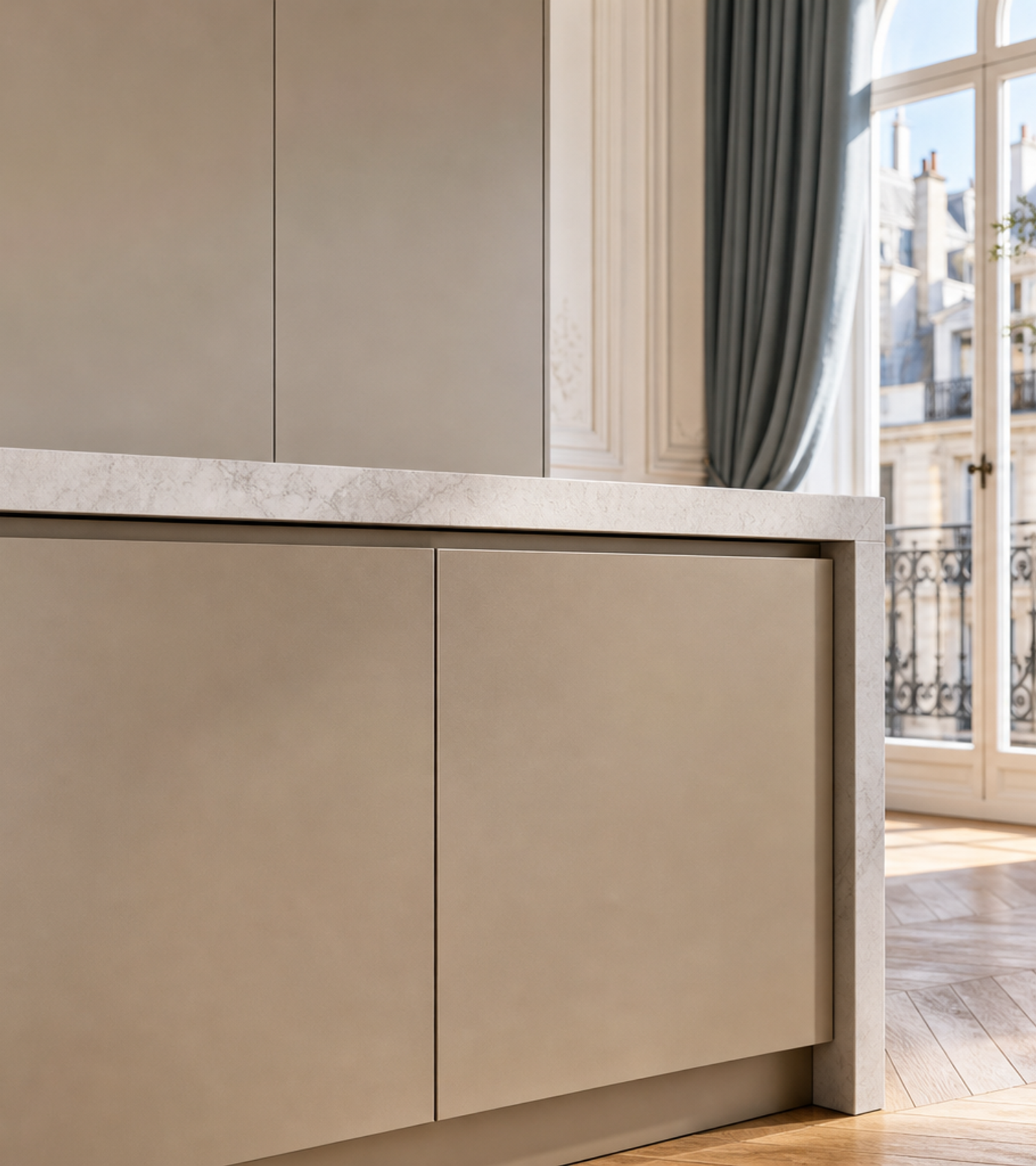Fadior Continuum Kitchen Suite with Rooftop Champagne Peninsula — close-up of stainless steel finish and hardware detail