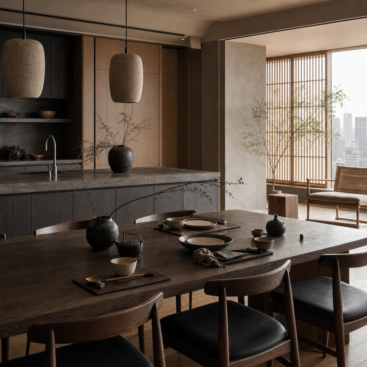 Fadior Shanghai 200 sqm Kitchen Penthouse — Shanghai dining setting with kitchen island, wood table, ceramic bowls, empty chairs, cabinet wall, and skyline window