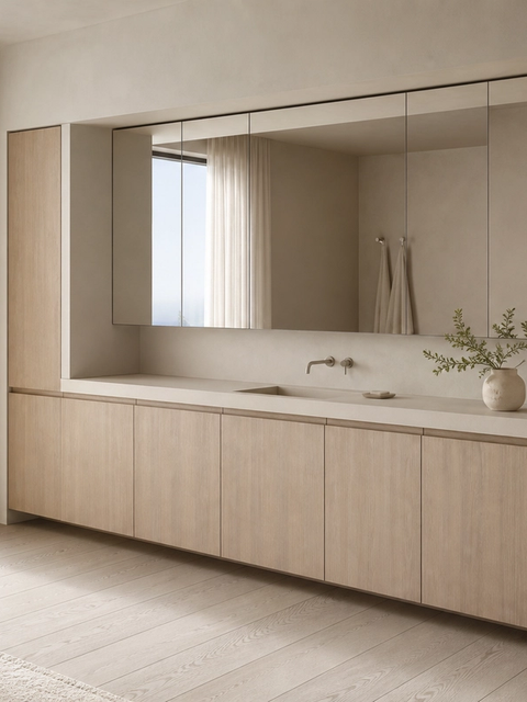 Fadior Nacre Bath and Vanity Suite with Handleless Mirror Storage Bay — 304 stainless steel bath and vanity system, front view