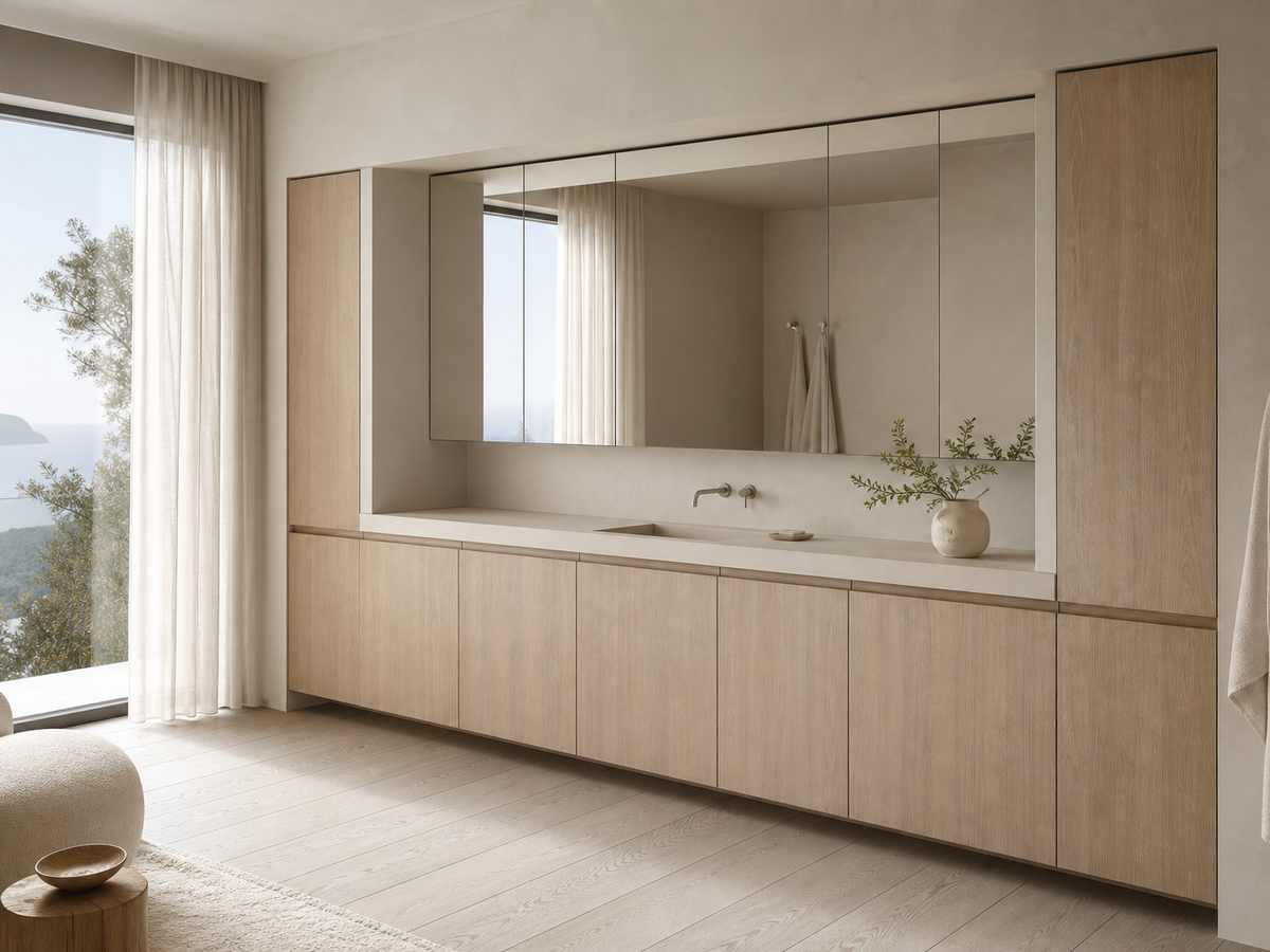 Fadior Nacre Bath and Vanity Suite with Handleless Mirror Storage Bay — 304 stainless steel bath and vanity system,