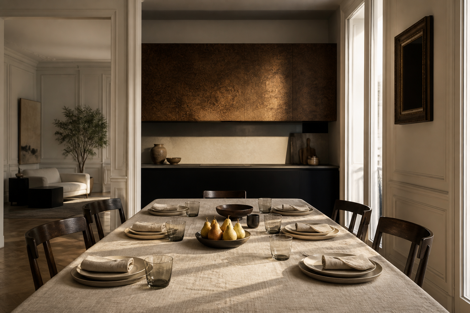 Milan dining kitchen with parchment finishes and set table, residential context for long-hold material proof decisions.