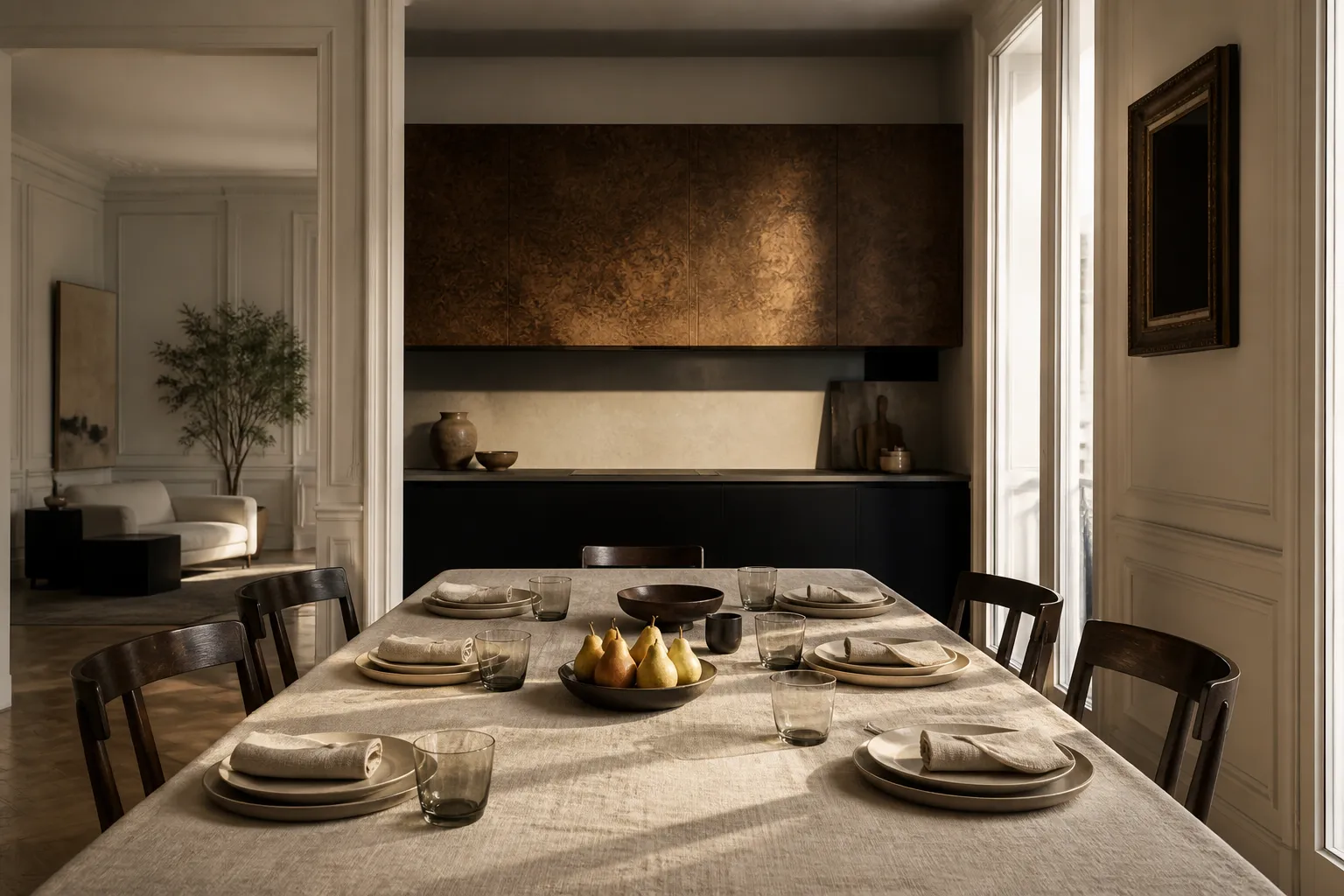 Milan dining kitchen with parchment finishes and set table, residential context for long-hold material proof decisions.