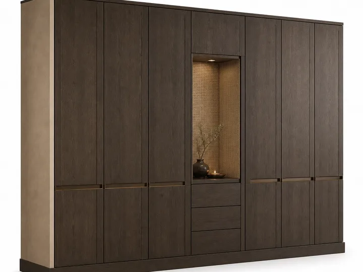 Fadior Lumiere Wardrobe Suite with Caned Pearl Dressing Niche — 304 stainless steel wardrobe system, front view