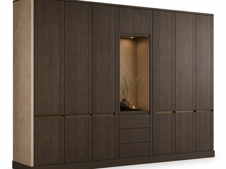 Fadior Lumiere Wardrobe Suite with Caned Pearl Dressing Niche — 304 stainless steel wardrobe system, front view