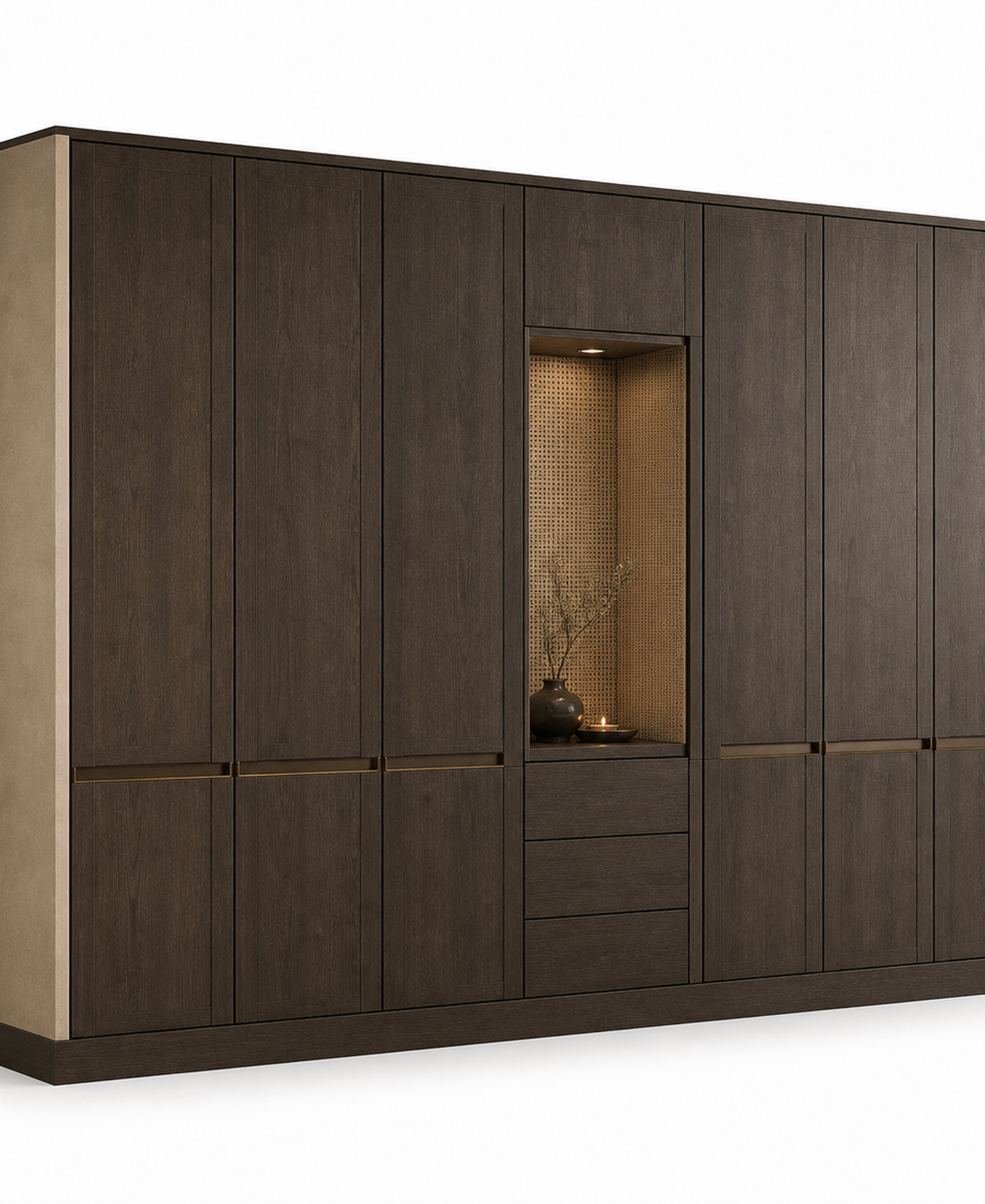 Fadior Lumiere Wardrobe Suite with Caned Pearl Dressing Niche — 304 stainless steel wardrobe system, front view