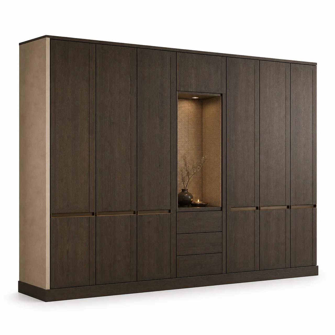 Fadior Lumiere Wardrobe Suite with Caned Pearl Dressing Niche — 304 stainless steel wardrobe system, front view