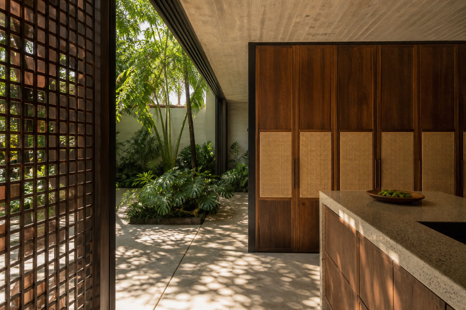 Fadior Terrazzo Wall Panel Suite with Precision Island Sightline — interior room context showing cabinet integration