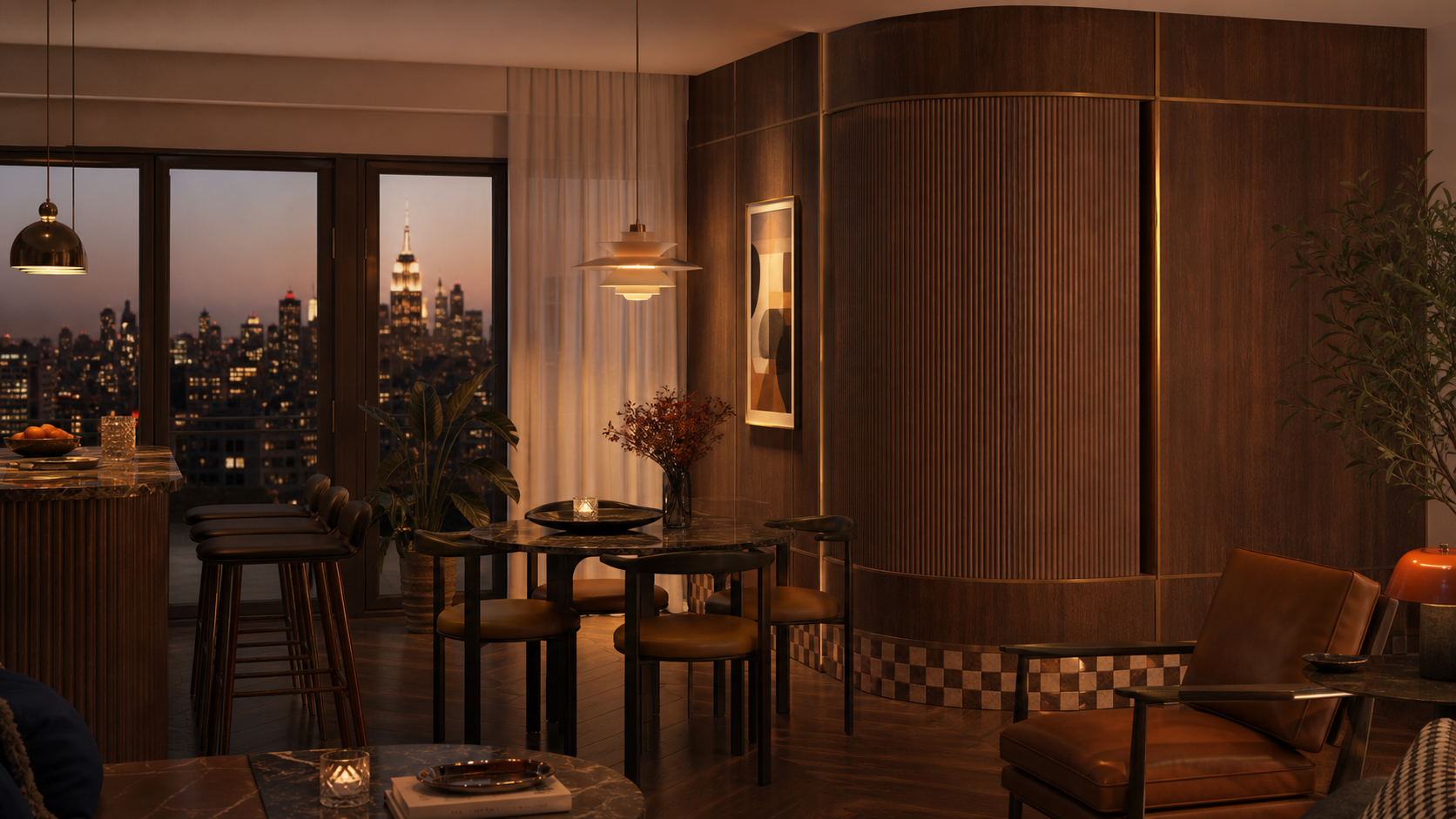 Fadior Terrazzo Wall Panel Suite with Tambour Acoustic Cove — lifestyle setting with natural light and residential styling