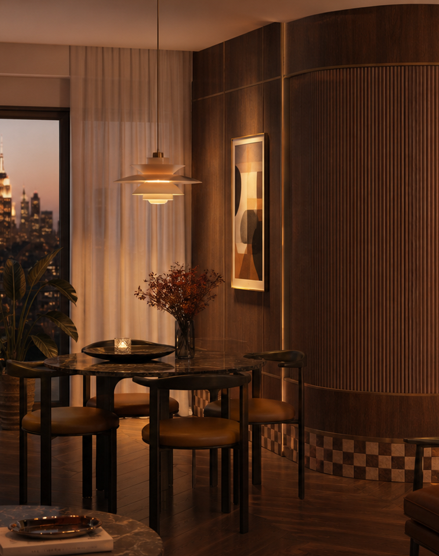 Fadior Terrazzo Wall Panel Suite with Tambour Acoustic Cove — lifestyle setting with natural light and residential styling