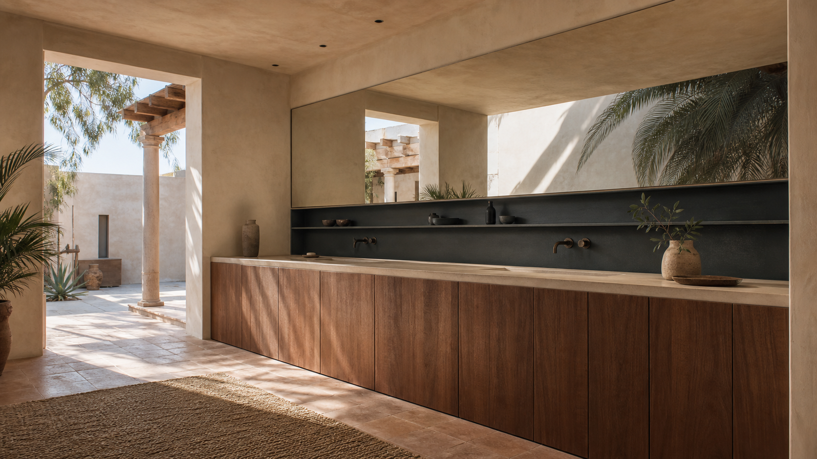 Fadior Verve Bath and Vanity Suite with Basalt Ribbon Wash Niche — lifestyle setting with natural light and residential