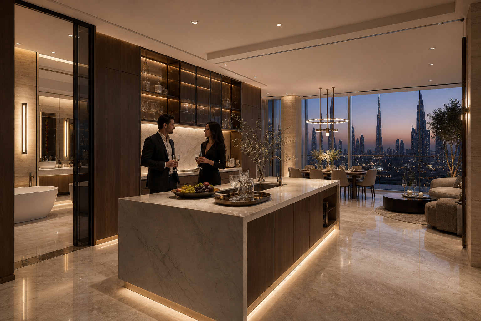 Fadior Dubai 180 sqm Kitchen Bath Penthouse — Study — Dubai penthouse hosting scene with marble island, walnut cabinets,
