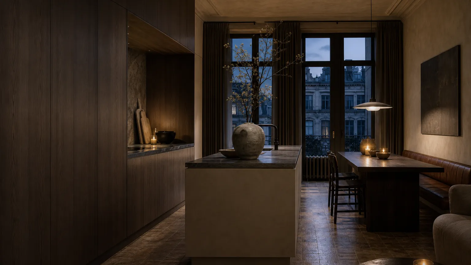 Kitchen atmosphere with smoked oak walls and warm putty cabinetry showing Milan material signals.