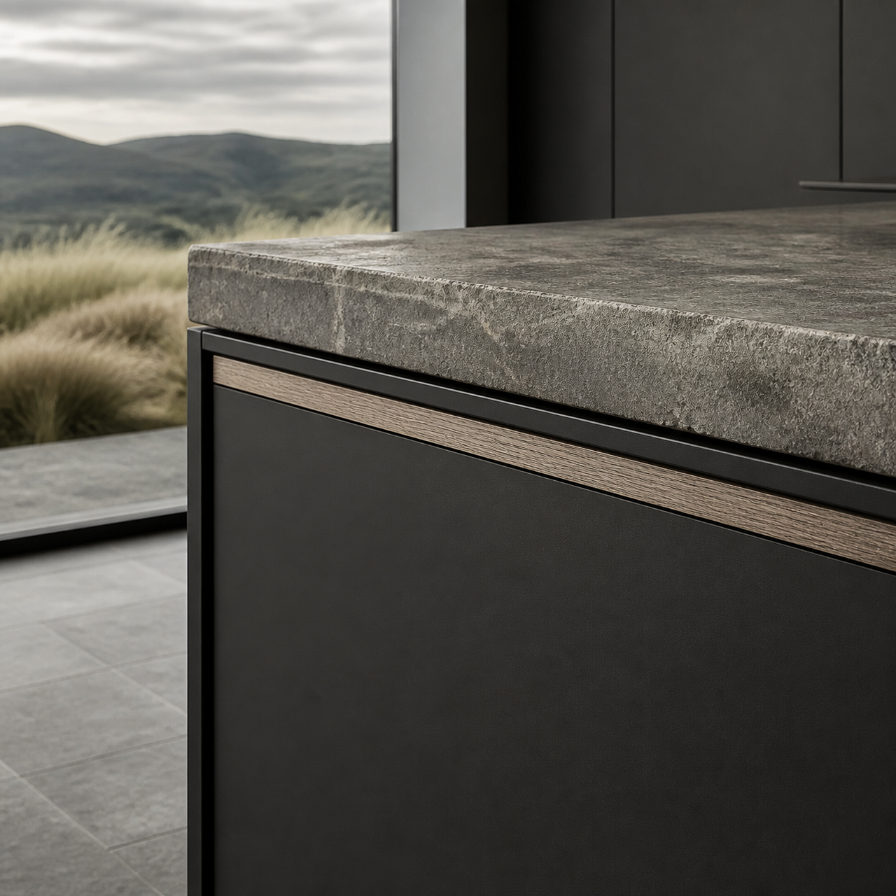Fadior Atelier Kitchen Suite with Structural Datum Island — close-up of stainless steel finish and hardware detail