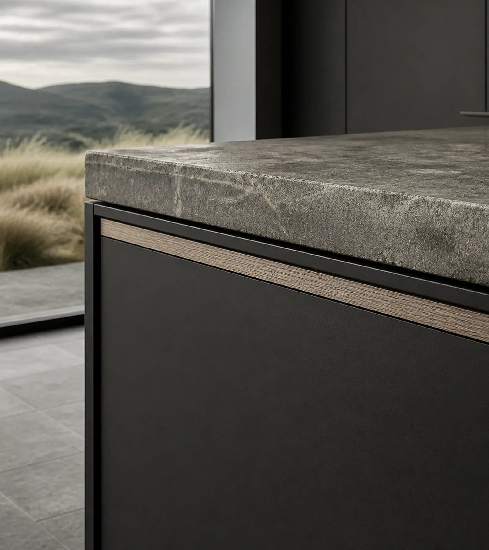Fadior Atelier Kitchen Suite with Structural Datum Island — close-up of stainless steel finish and hardware detail