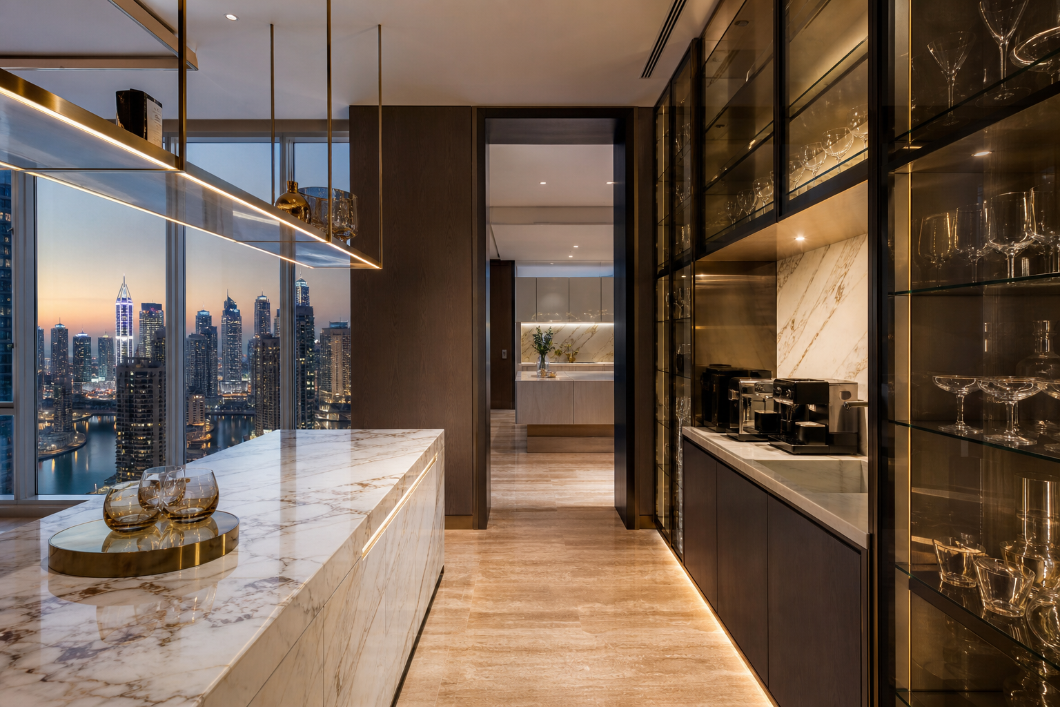 Fadior Dubai 280 sqm Kitchen Penthouse — Zaha — marble counter, glass cabinets, coffee station, travertine floor,