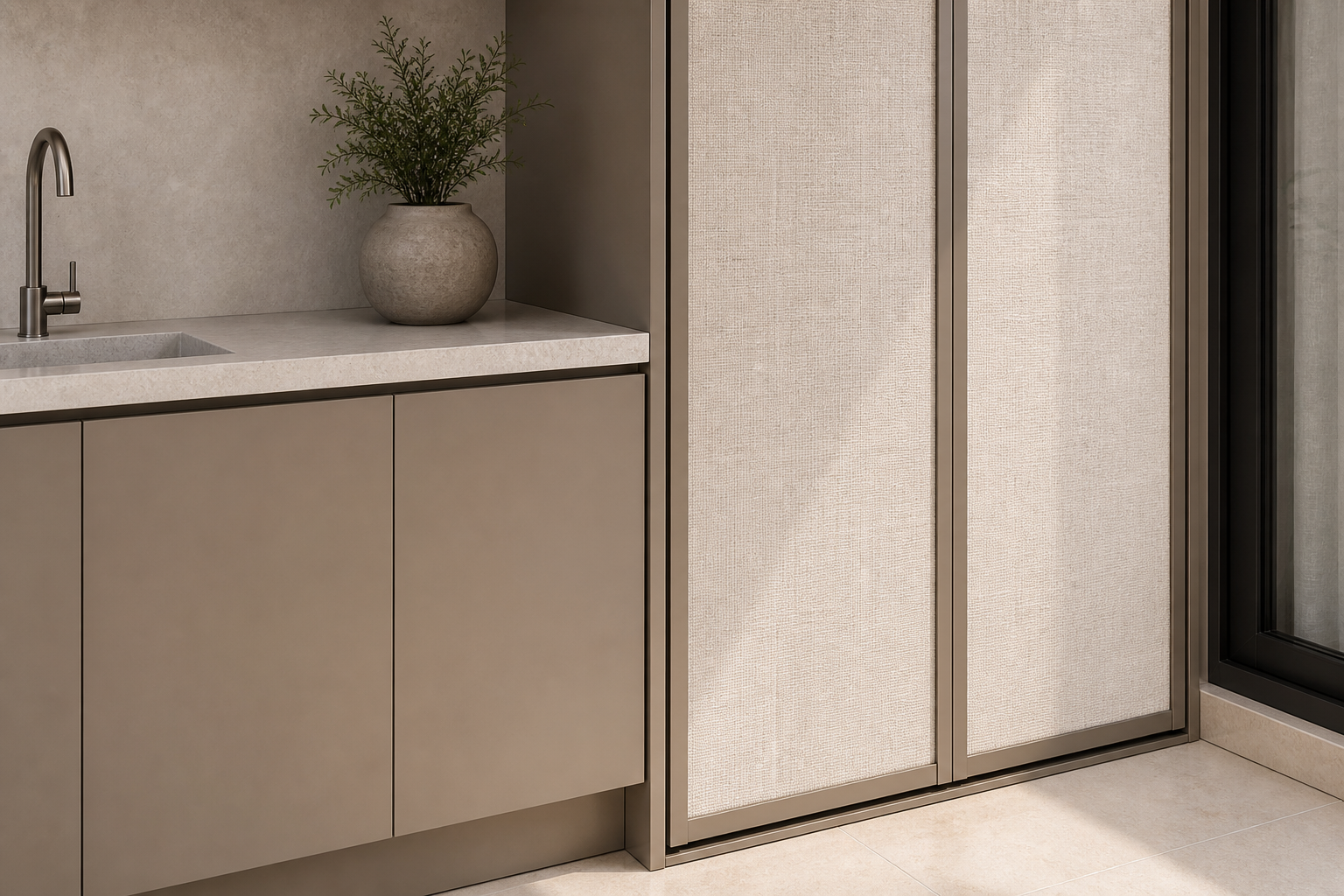 Fadior Cannes Balcony Suite with Linen Service Screen — close-up of stainless steel finish and hardware detail