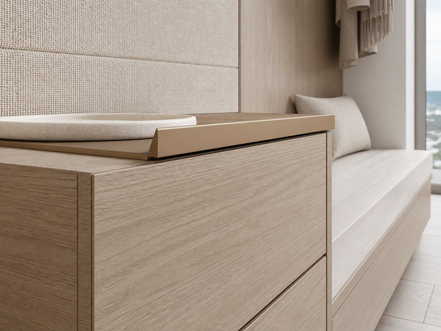 Fadior Ecliptic Entryway Suite with Bronze Maildrop Console — close-up of stainless steel finish and hardware detail