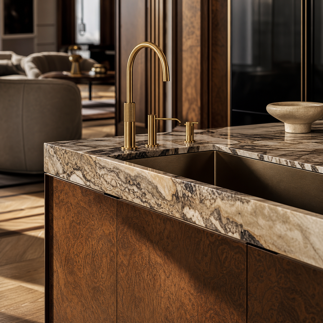 Conjunto de cocina Silkstone con galería de herrajes de lavaplatos Spa acabado y detalle