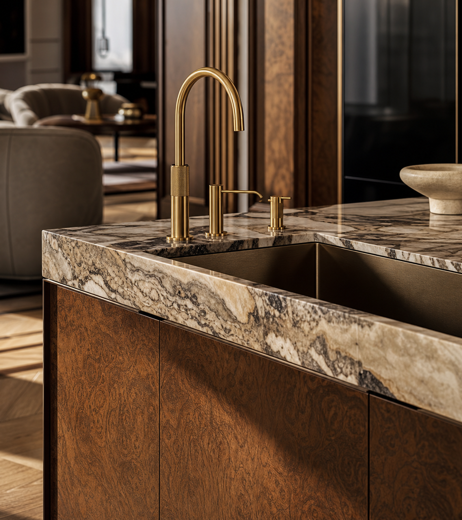 Conjunto de cocina Silkstone con galería de herrajes de lavaplatos Spa acabado y detalle