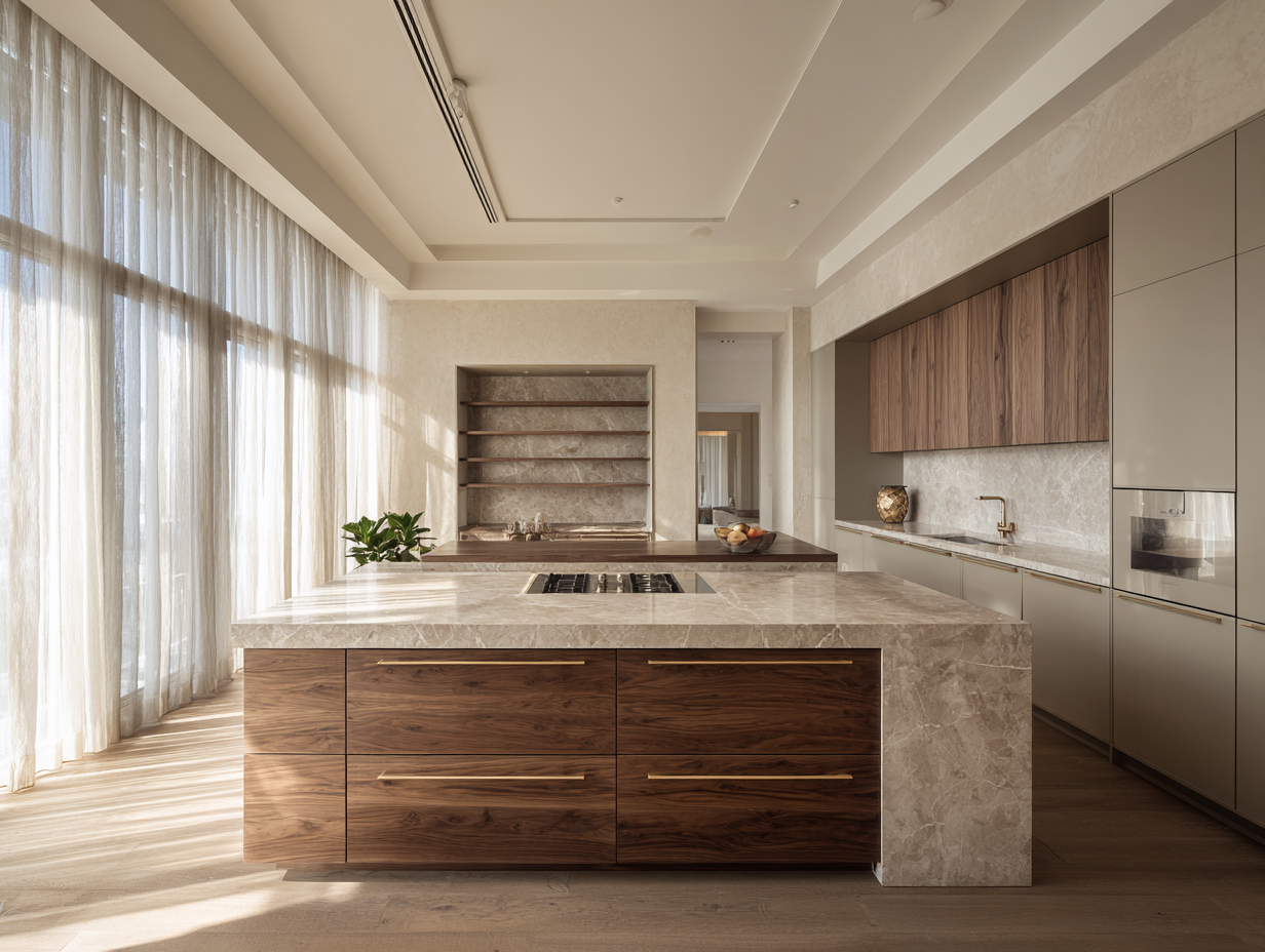 Fadior Phuket Villa — kitchen composition with champagne hardware and marble countertop