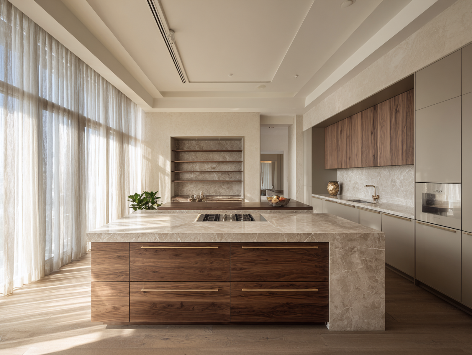 Fadior Phuket Villa — kitchen composition with champagne hardware and marble countertop