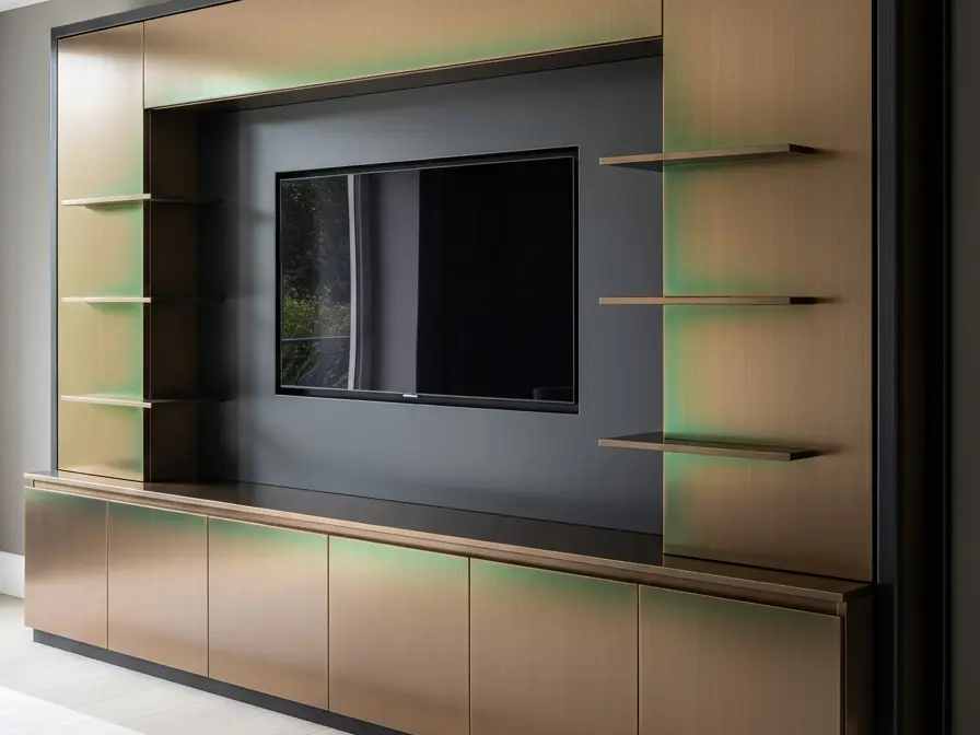 Fadior Essence Media Console - stainless steel living room cabinetry with media storage, display shelving, concealed devices, and residential finishes